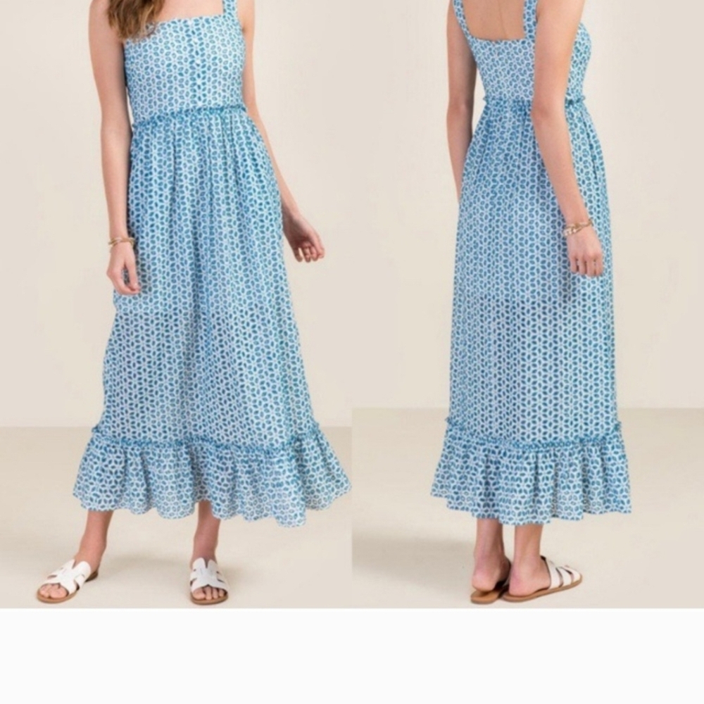 Blue Rain Floral Eyelet Ruffled Sleeveless Maxi Dress M Cottage Prairie Cotton